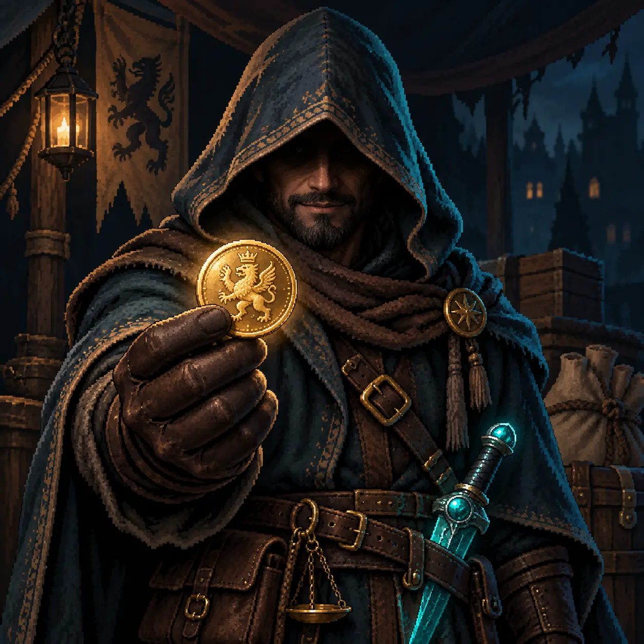 The hooded trader at his stall, holding up a gold coin.